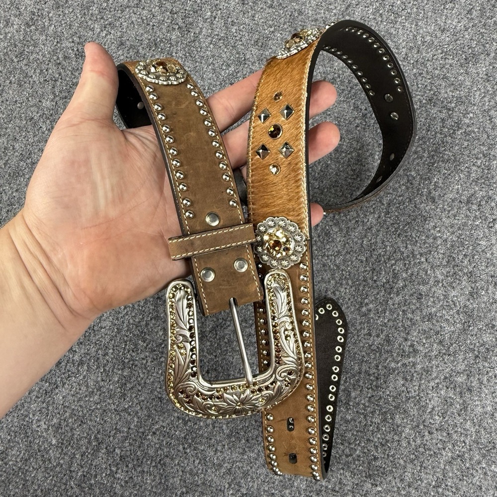 Nocona Leather Belt L Brown Calf Hair Studded Rhinestone Sliver Bling Cowgirl